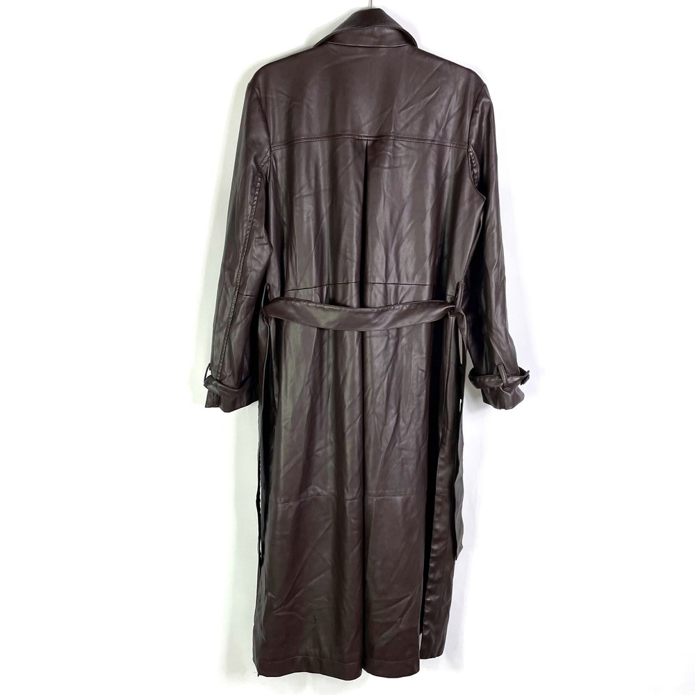 Osman Yousefzada Faux Leather Trench Coat Long Belted Brown‎ Vegan Sz 10 - Picture 12 of 16